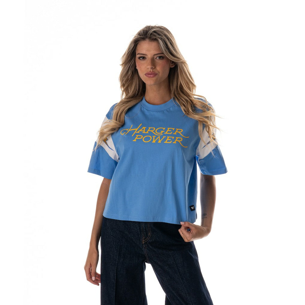 Los Angeles Chargers The Wild Collective Women's Charger Power Contrast Sleeve Insert T-Shirt Powder Blue | NFL