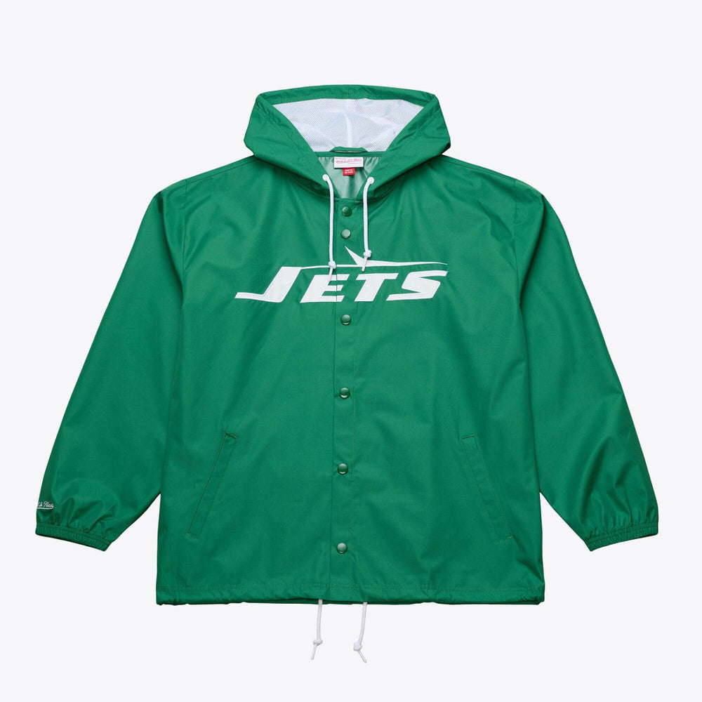 New York Jets Coaches Full-Snap Hooded Windbreaker Jacket Green | Mitchell & Ness