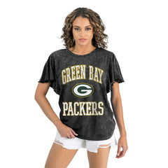 Green Bay Packers Gameday Couture Women's Relaxed Flutter Sleeve T-Shirt Black | NFL