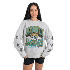 Jacksonville Jaguars Gameday Couture Women's Resilience Relaxed Rhinestone Pullover Sweatshirt Ash | NFL