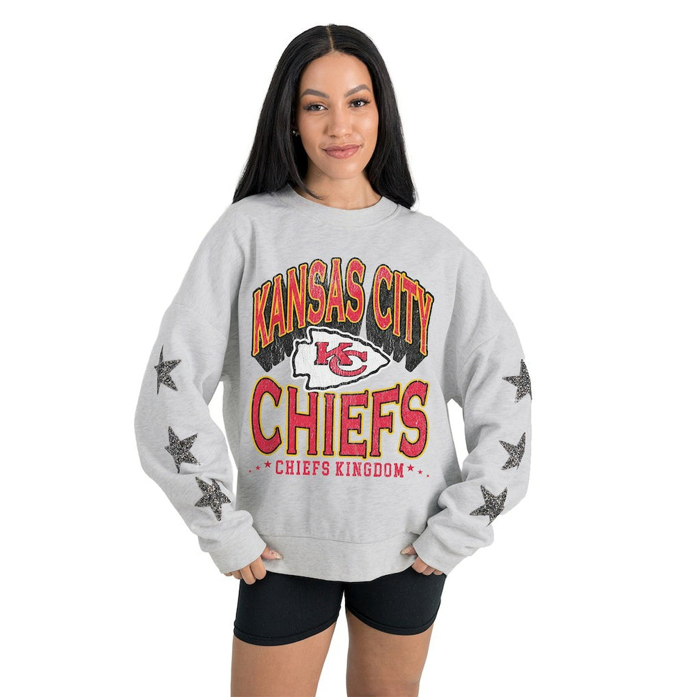 Kansas City Chiefs Gameday Couture Women's Resilience Relaxed Rhinestone Pullover Sweatshirt Ash | NFL
