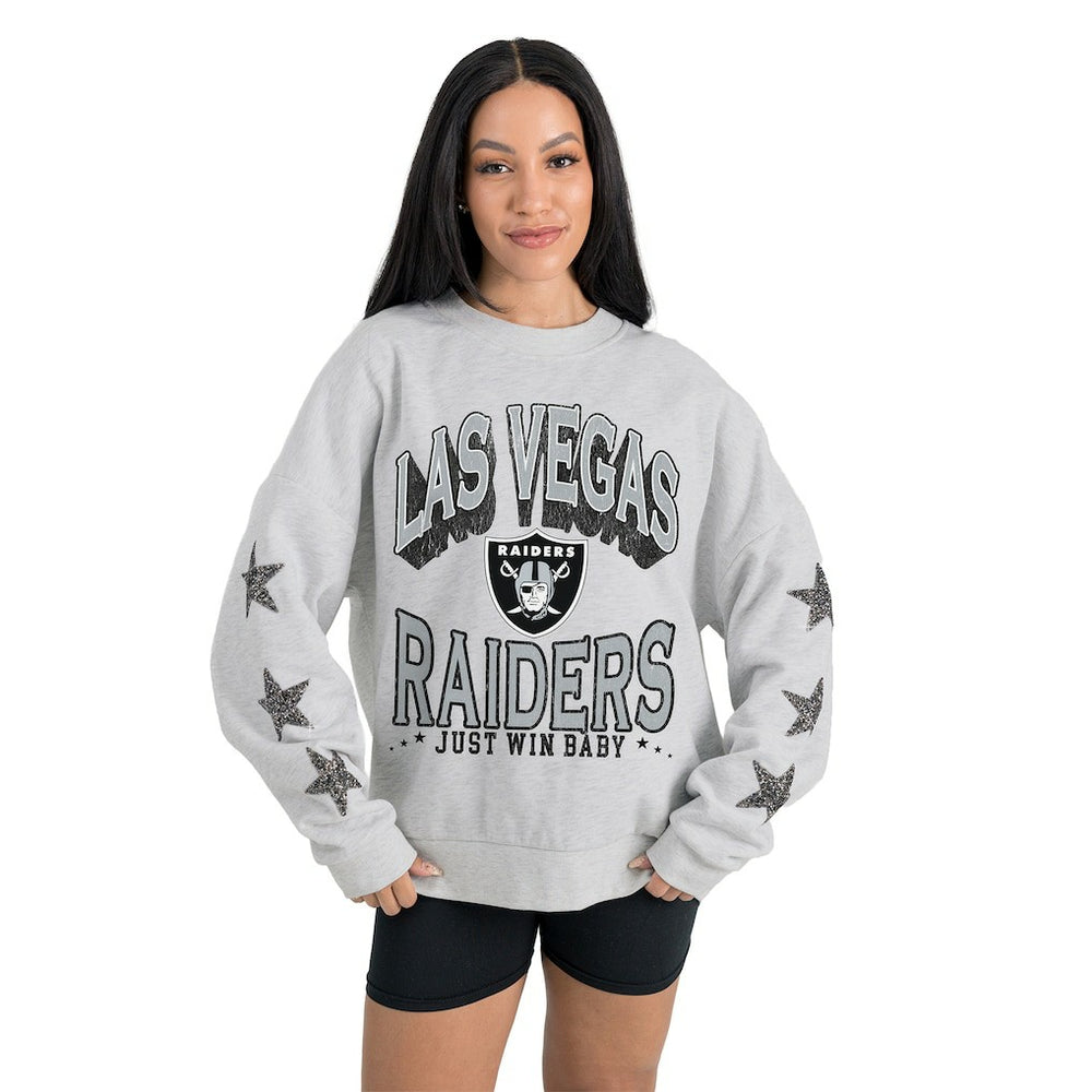 Las Vegas Raiders Gameday Couture Women's Resilience Relaxed Rhinestone Pullover Sweatshirt Ash | NFL