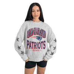 New England Patriots Gameday Couture Women's Resilience Relaxed Rhinestone Pullover Sweatshirt Ash | NFL