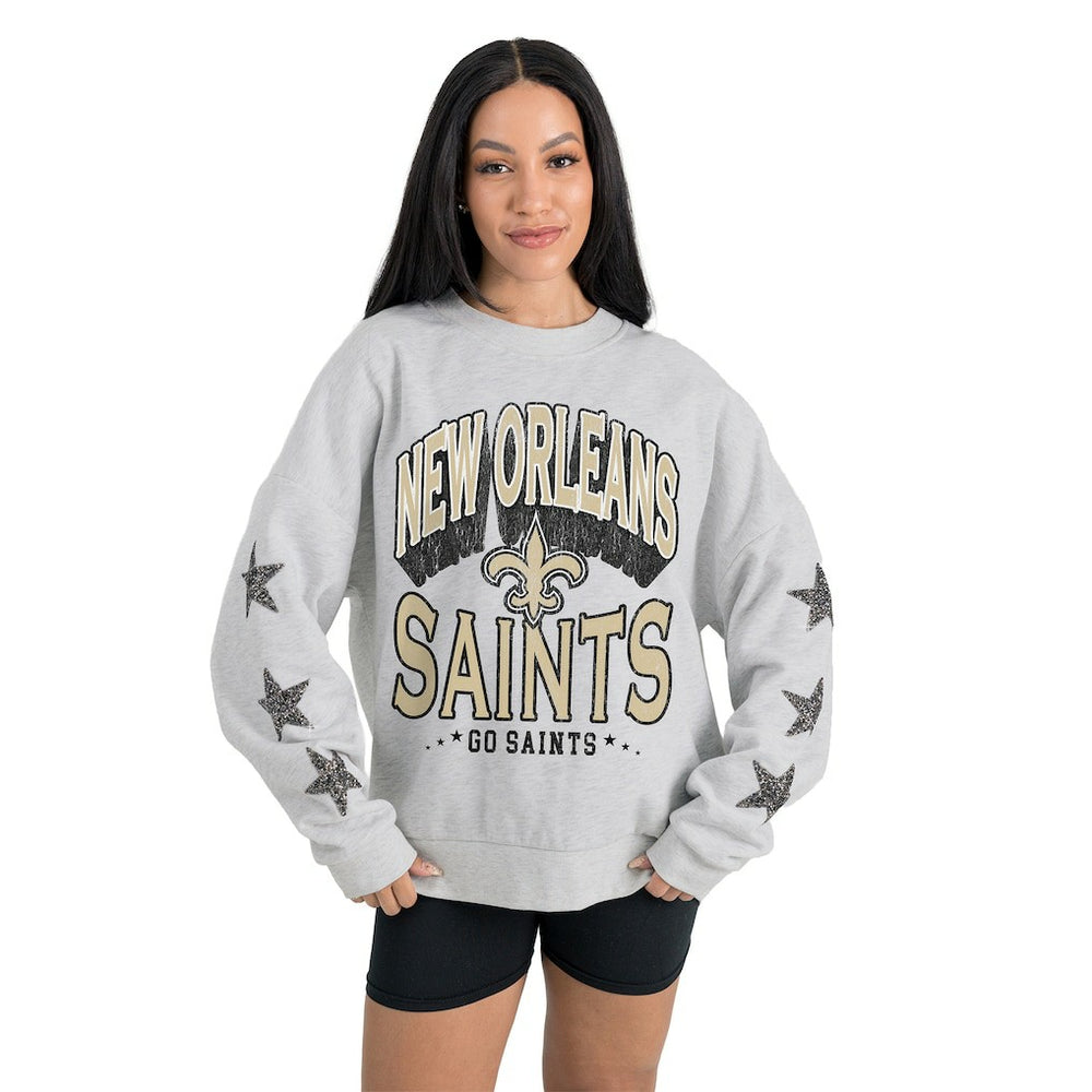 New Orleans Saints Gameday Couture Women's Resilience Relaxed Rhinestone Pullover Sweatshirt Ash | NFL