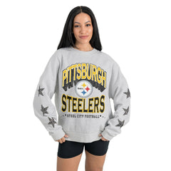 Pittsburgh Steelers Gameday Couture Women's Resilience Relaxed Rhinestone Pullover Sweatshirt Ash | NFL