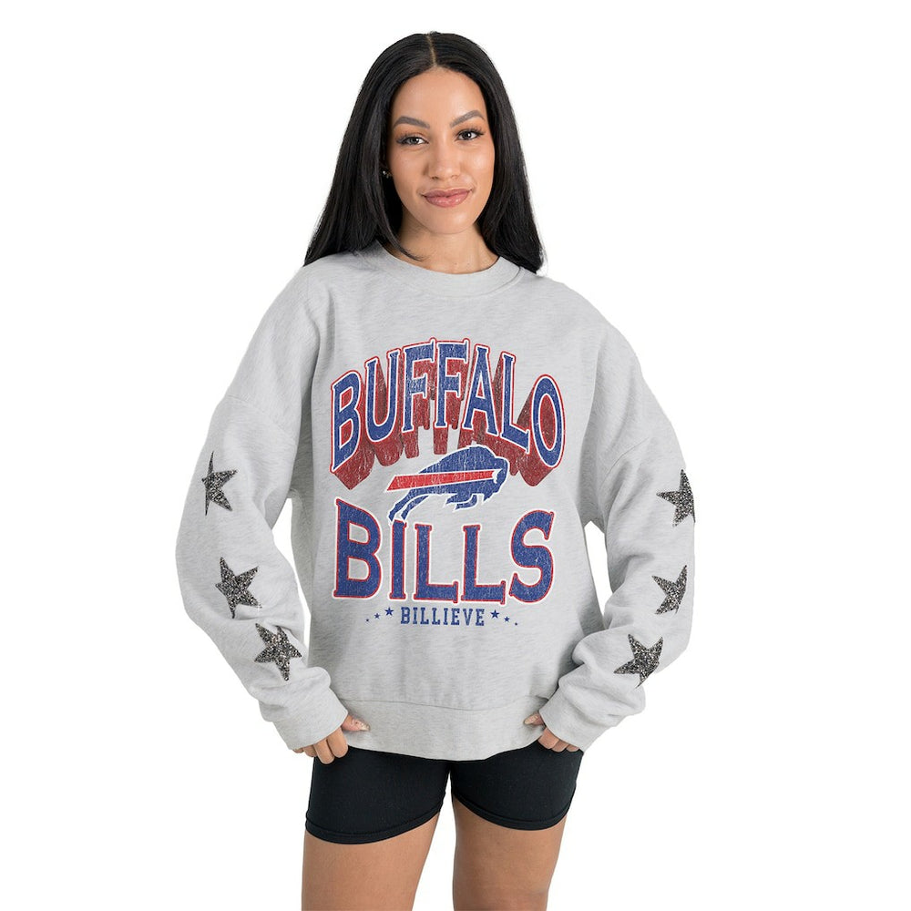 Buffalo Bills Gameday Couture Women's Resilience Relaxed Rhinestone Pullover Sweatshirt Ash | NFL