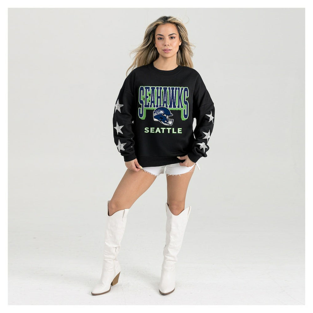 Seattle Seahawks Gameday Couture Women's Pure Victory Rhinestud Star-Sleeve Pullover Sweatshirt Black | NFL