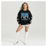 Carolina Panthers Gameday Couture Women's Pure Victory Rhinestud Star-Sleeve Pullover Sweatshirt Black | NFL
