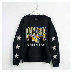 Green Bay Packers Gameday Couture Women's Pure Victory Rhinestud Star-Sleeve Pullover Sweatshirt Black | NFL