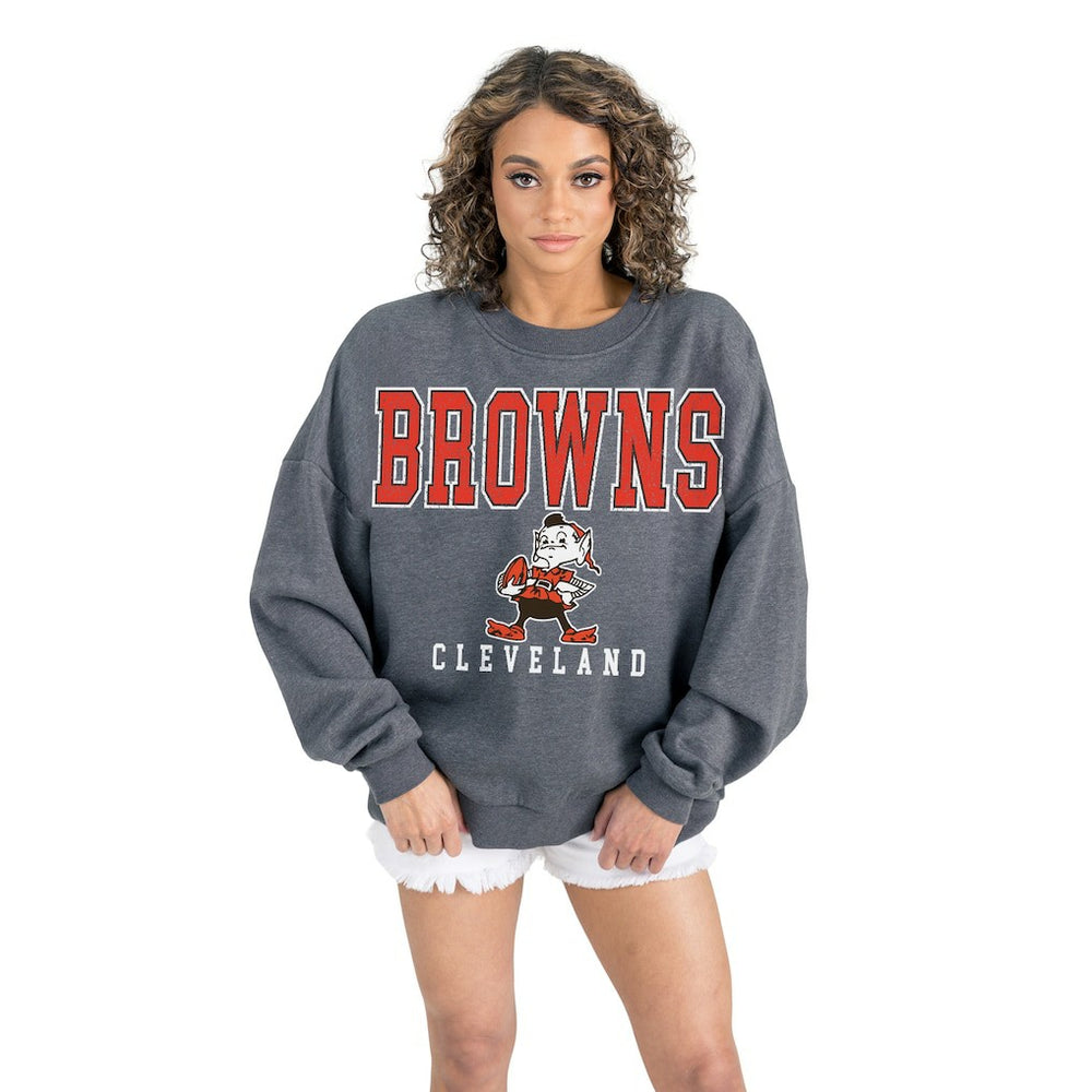 Cleveland Browns Gameday Couture Women's Bring Your Energy Oversized Premium Fleece Pullover Sweatshirt Charcoal | NFL