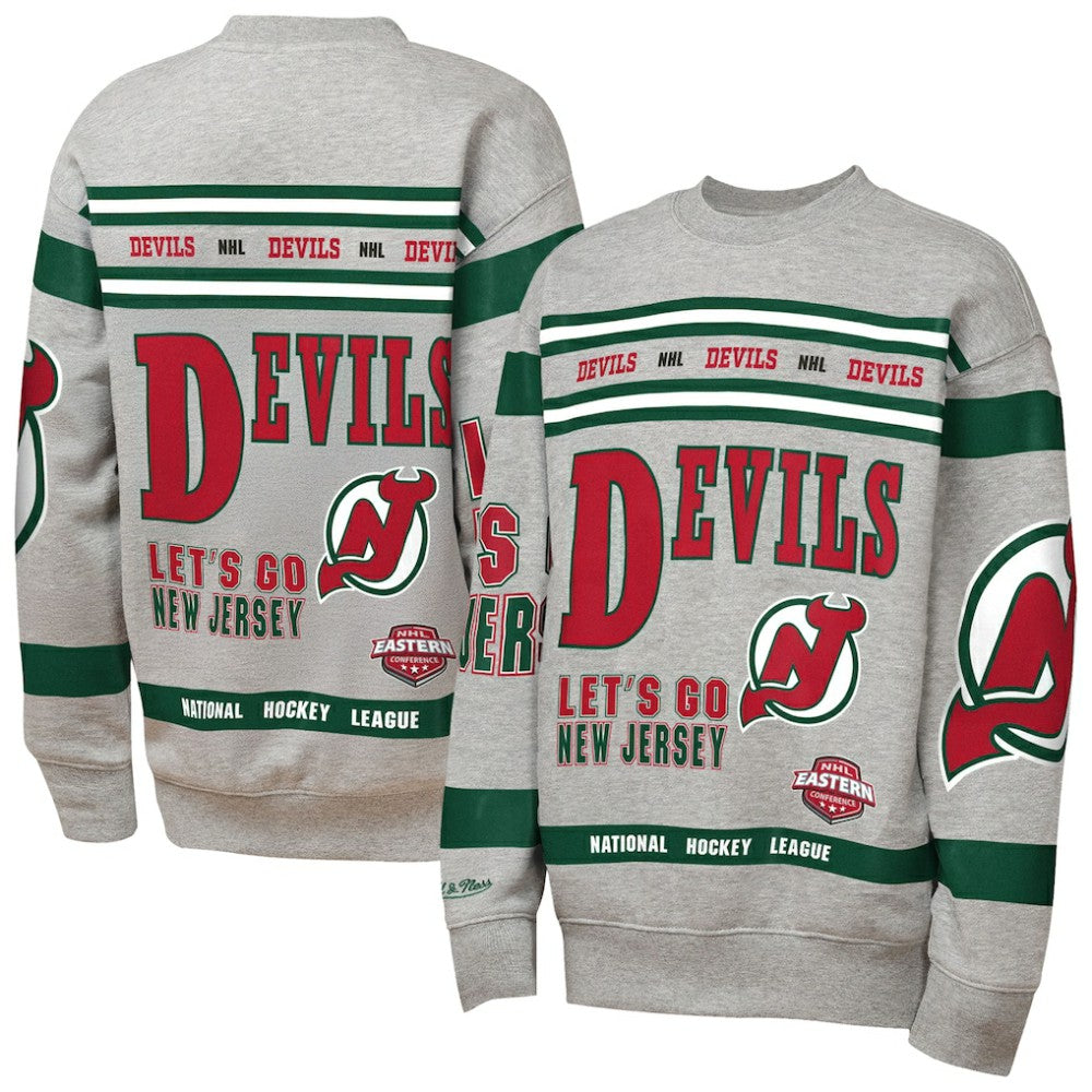 New Jersey Devils Mitchell & Ness Youth Allover Print Fleece Crewneck Sweatshirt - Heather Gray - NHL