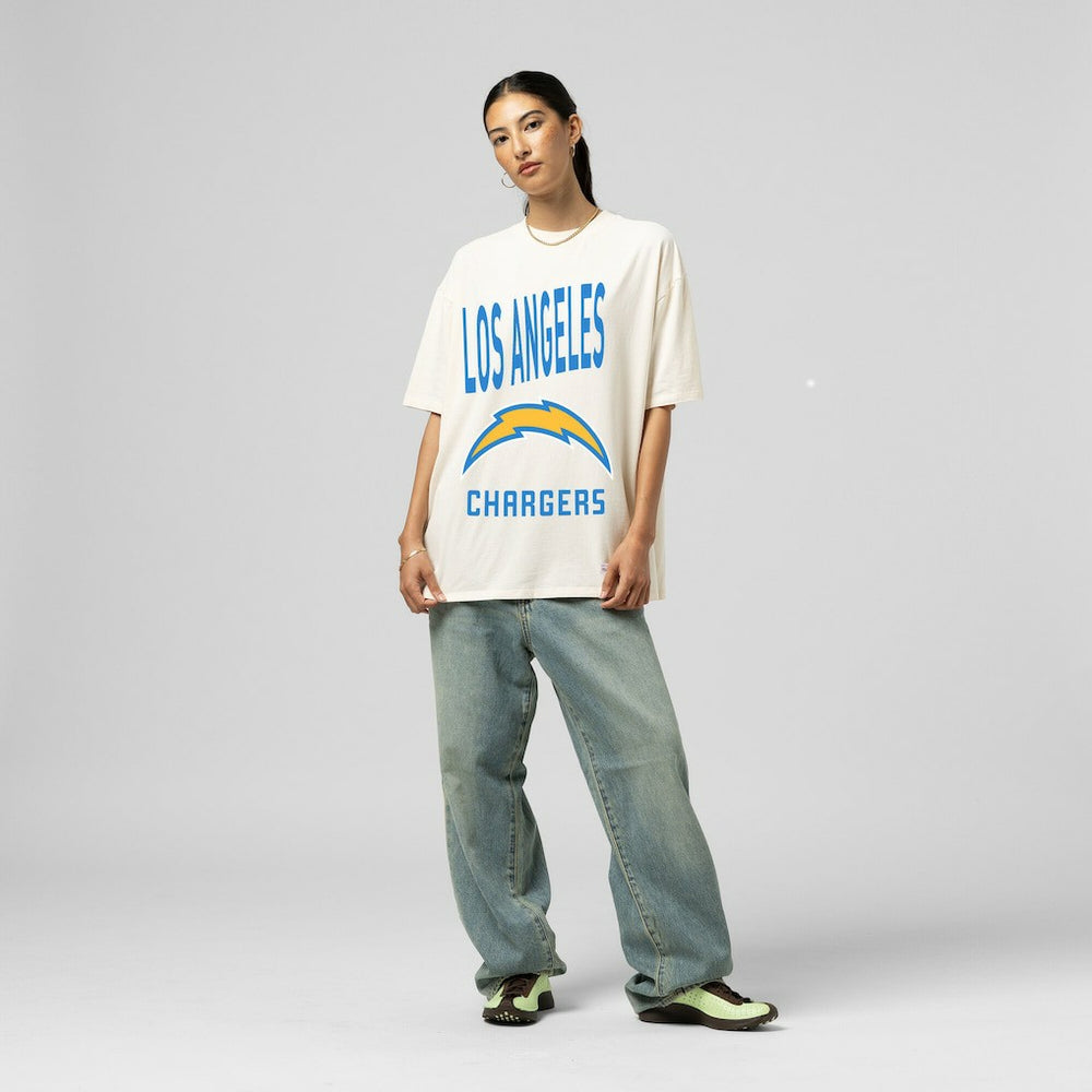 Los Angeles Chargers Women's Logo Rise Boyfriend T-Shirt Cream | Mitchell & Ness