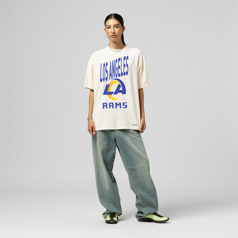 Los Angeles Rams Women's Logo Rise Boyfriend T-Shirt Cream | Mitchell & Ness