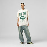 New York Jets Women's Logo Rise Boyfriend T-Shirt Cream | Mitchell & Ness