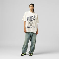 New Orleans Saints Women's Logo Rise Boyfriend T-Shirt Cream | Mitchell & Ness