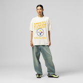 Pittsburgh Steelers Women's Logo Rise Boyfriend T-Shirt Cream | Mitchell & Ness