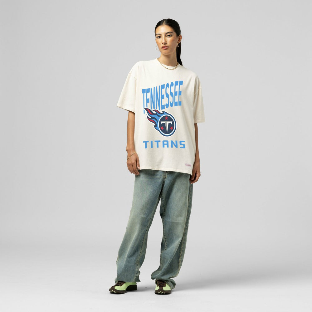 Tennessee Titans Women's Logo Rise Boyfriend T-Shirt Cream | Mitchell & Ness