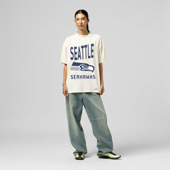 Seattle Seahawks Women's Logo Rise Boyfriend T-Shirt Cream | Mitchell & Ness