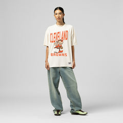 Cleveland Browns Women's Logo Rise Boyfriend T-Shirt Cream | Mitchell & Ness