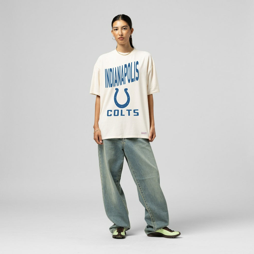 Indianapolis Colts Women's Logo Rise Boyfriend T-Shirt Cream | Mitchell & Ness