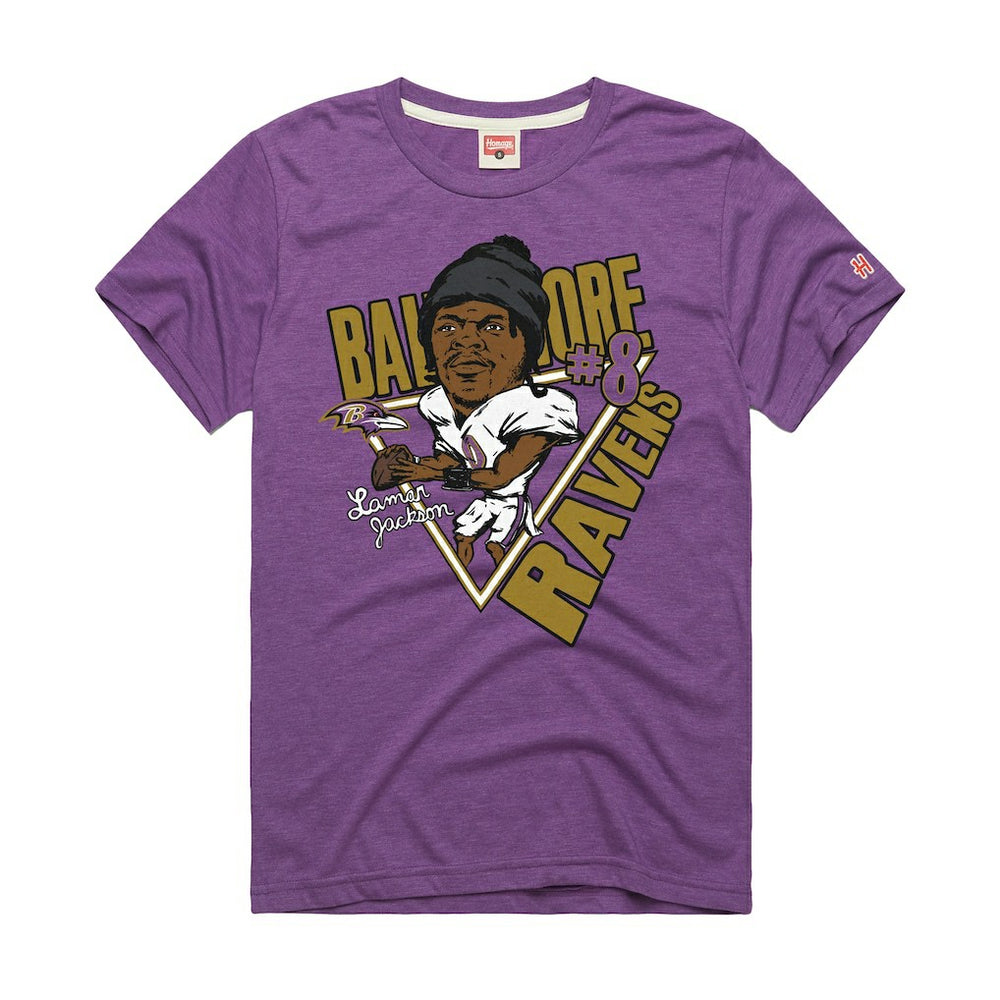Lamar Jackson Baltimore Ravens Homage Unisex Caricature Player Graphic Tri-Blend T-Shirt Purple | NFL