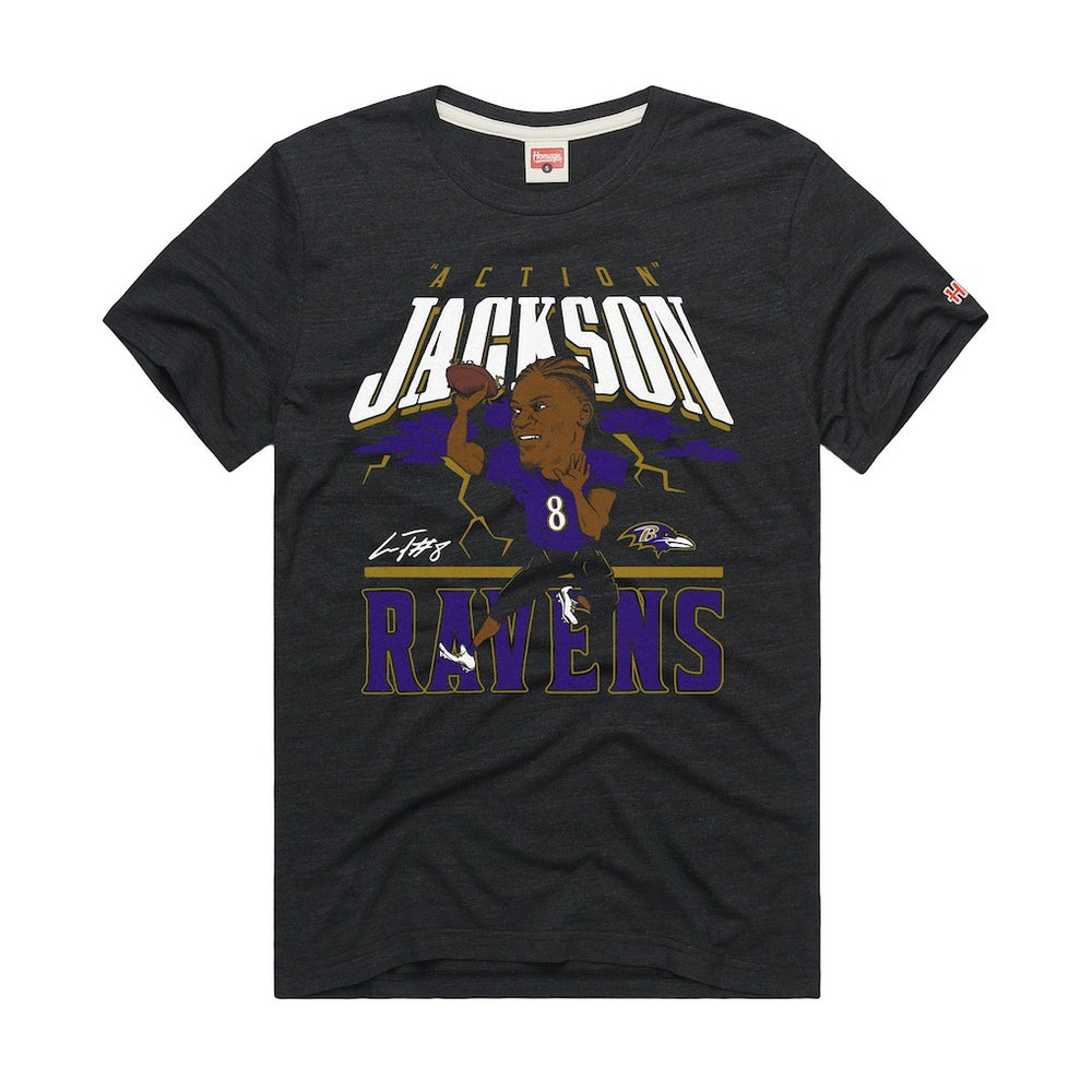 Lamar Jackson Baltimore Ravens Homage Unisex Caricature Player Graphic Tri-Blend T-Shirt Charcoal | NFL