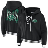 New York Jets WEAR by Erin Andrews Women's Lace-Up Fleece Hoodie Black | NFL