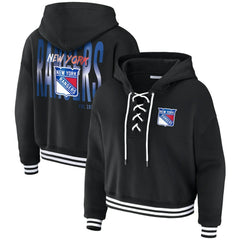 New York Rangers WEAR by Erin Andrews Women's Cropped Lace-Up Hoodie - Black - NHL