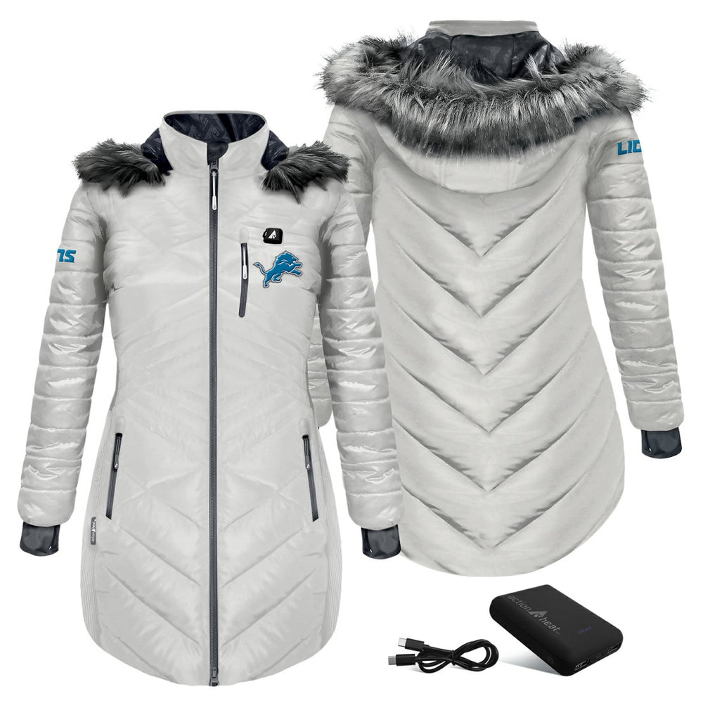 Detroit Lions ActionHeat Women's 5V Battery Heated Long Puffer Full-Zip Hoodie Jacket White | NFL