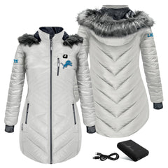 Detroit Lions ActionHeat Women's 5V Battery Heated Long Puffer Full-Zip Hoodie Jacket White | NFL