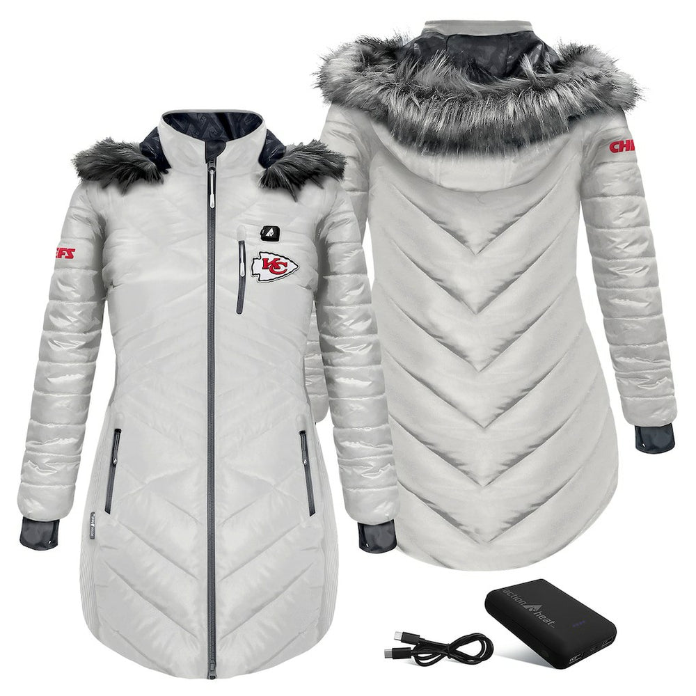 Kansas City Chiefs ActionHeat Women's 5V Battery Heated Long Puffer Full-Zip Hoodie Jacket White | NFL