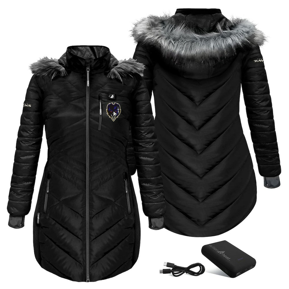 Baltimore Ravens ActionHeat Women's 5V Battery Heated Long Puffer Full-Zip Hoodie Jacket Black | NFL
