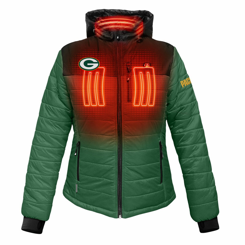 Green Bay Packers ActionHeat Women's 5V Battery Heated Insulated Puffer Full-Zip Jacket Green/Black | NFL