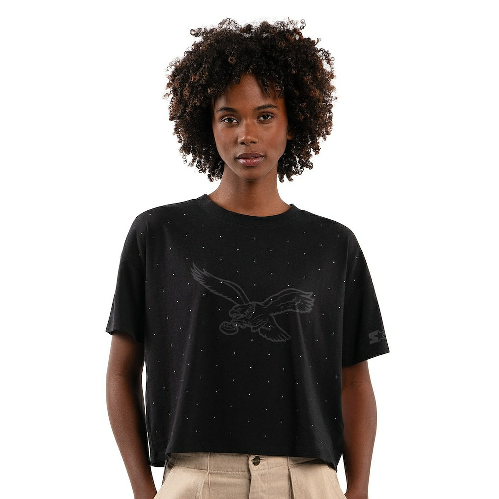 Philadelphia Eagles Starter Women's Rhinestone Sprinkle Boxy Cropped T-Shirt Black | NFL