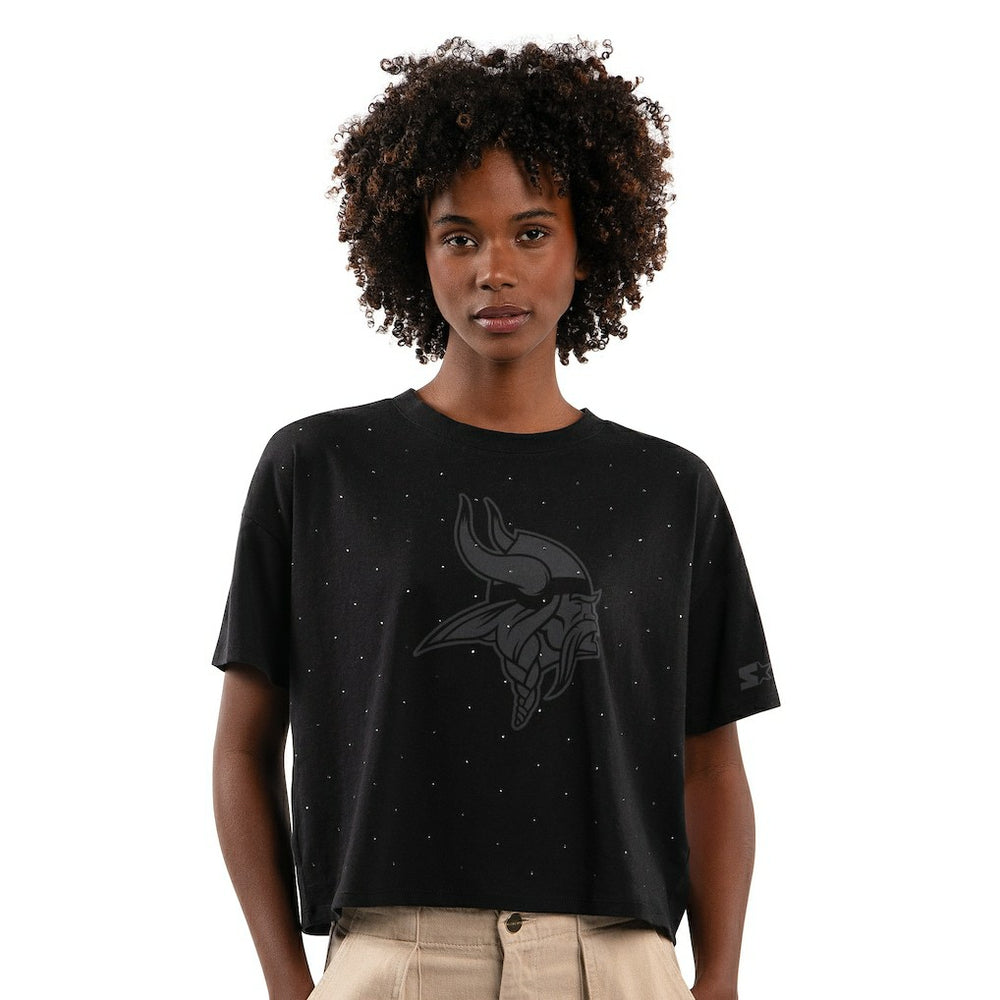 Minnesota Vikings Starter Women's Rhinestone Sprinkle Boxy Cropped T-Shirt Black | NFL