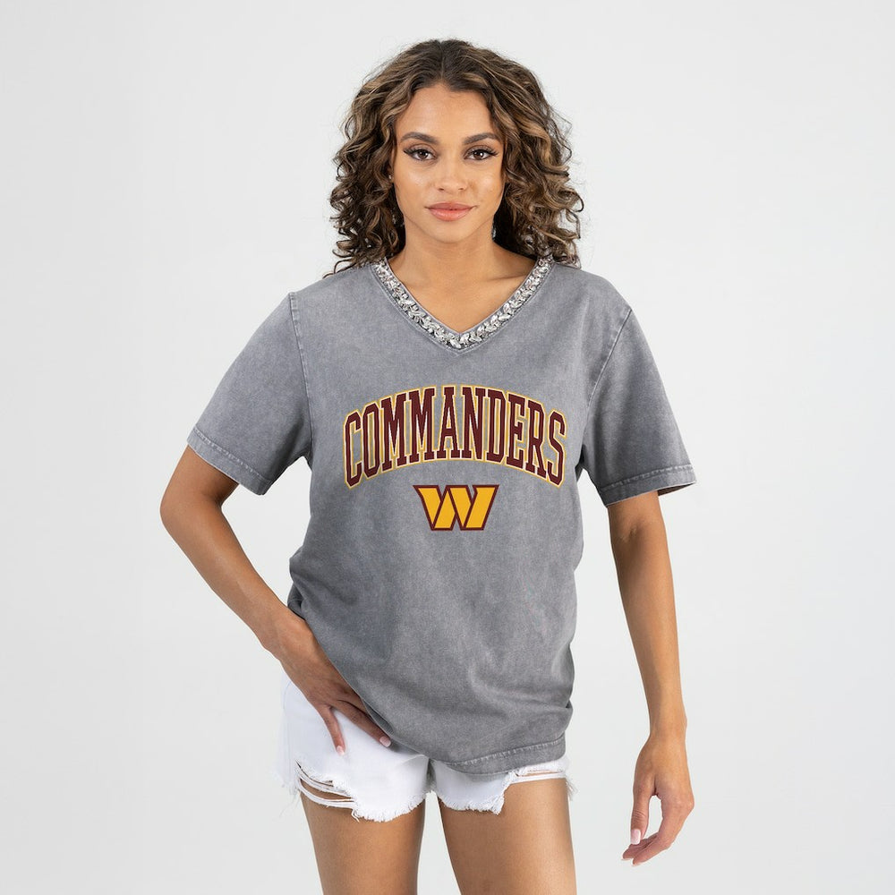 Washington Commanders Gameday Couture Women's Relaxed Iconic Edge Rhinestone V-Neck T-Shirt Gray | NFL