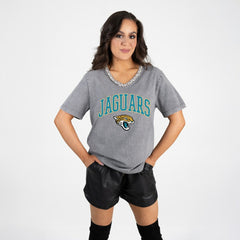 Jacksonville Jaguars Gameday Couture Women's Relaxed Iconic Edge Rhinestone V-Neck T-Shirt Gray | NFL