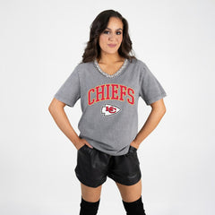 Kansas City Chiefs Gameday Couture Women's Relaxed Iconic Edge Rhinestone V-Neck T-Shirt Gray | NFL