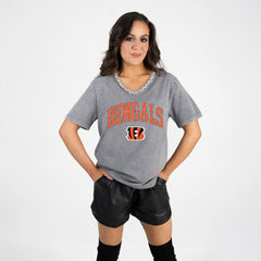 Cincinnati Bengals Gameday Couture Women's Relaxed Iconic Edge Rhinestone V-Neck T-Shirt Gray | NFL