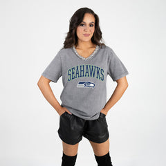 Seattle Seahawks Gameday Couture Women's Relaxed Iconic Edge Rhinestone V-Neck T-Shirt Gray | NFL