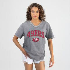 San Francisco 49ers Gameday Couture Women's Relaxed Iconic Edge Rhinestone V-Neck T-Shirt Gray | NFL