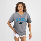 Carolina Panthers Gameday Couture Women's Relaxed Iconic Edge Rhinestone V-Neck T-Shirt Gray | NFL