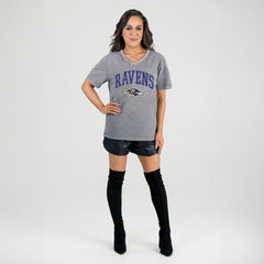 Baltimore Ravens Gameday Couture Women's Relaxed Iconic Edge Rhinestone V-Neck T-Shirt Gray | NFL