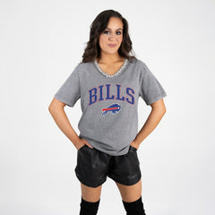 Buffalo Bills Gameday Couture Women's Relaxed Iconic Edge Rhinestone V-Neck T-Shirt Gray | NFL
