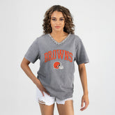 Cleveland Browns Gameday Couture Women's Relaxed Iconic Edge Rhinestone V-Neck T-Shirt Gray | NFL