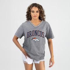 Denver Broncos Gameday Couture Women's Relaxed Iconic Edge Rhinestone V-Neck T-Shirt Gray | NFL