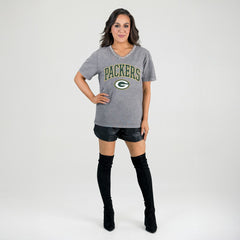Green Bay Packers Gameday Couture Women's Relaxed Iconic Edge Rhinestone V-Neck T-Shirt Gray | NFL