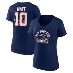 Drake Maye New England Patriots Women's Floral Name & Number V-Neck T-Shirt Navy | NFL