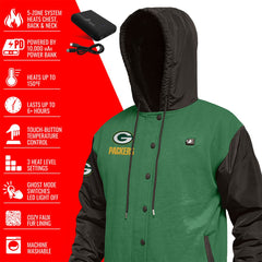 Green Bay Packers ActionHeat 5V Battery Heated Full-Snap Varsity Jacket Green/Black | NFL