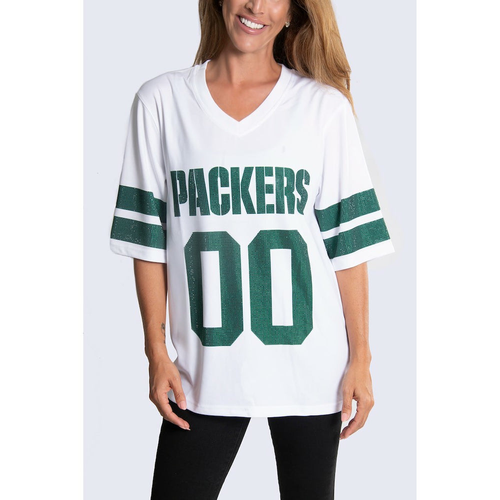 Green Bay Packers Cuce Women's Rhinestone V-Neck Tunic White | NFL